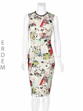 ERDEM "Maura" Off-White Asian Print Stretchy Sheath Dress, SZ 4